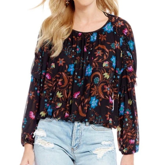 Free People Black Floral Wildflower Honey Mesh Ruffle Peasant Blouse M - Picture 3 of 5